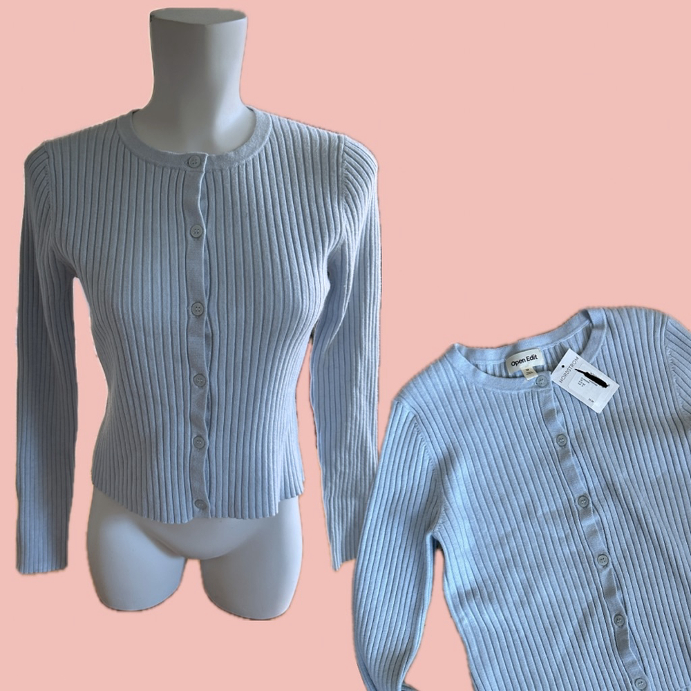 Open Edit Ribbed Button-Up Cardigan – Baby Blue Knit Top Size M NWT